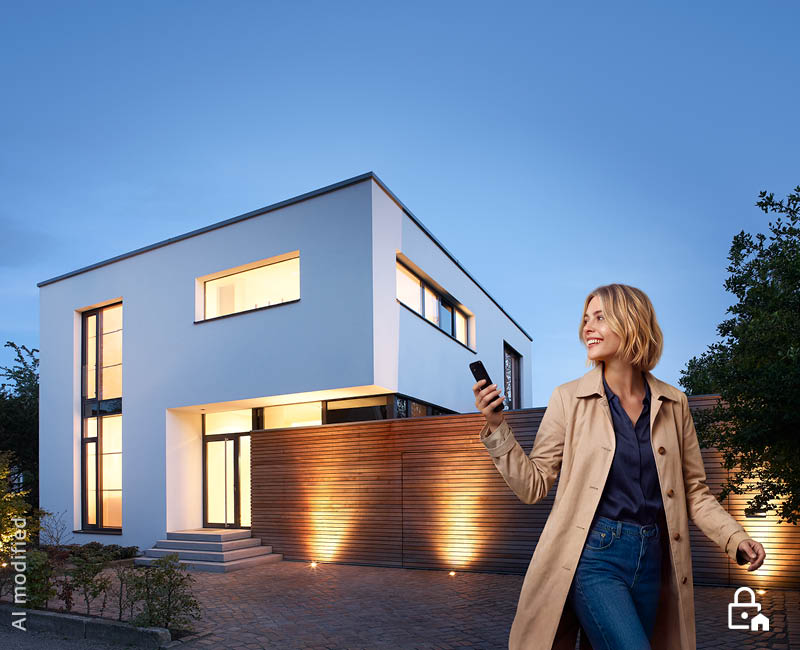 Frau mit Smartphone vor einem modern beleuchteten Einfamilienhaus in der Dämmerung. Das Bild wurde KI-modifiziert.