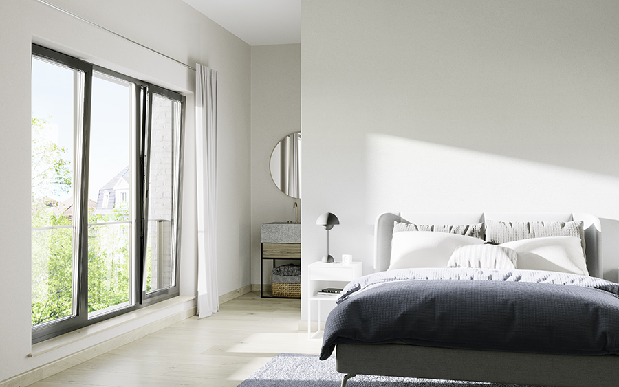 Helles Schlafzimmer mit großem bodentiefem Fenster, Doppelbett und modernem, minimalistischen Interieur.
