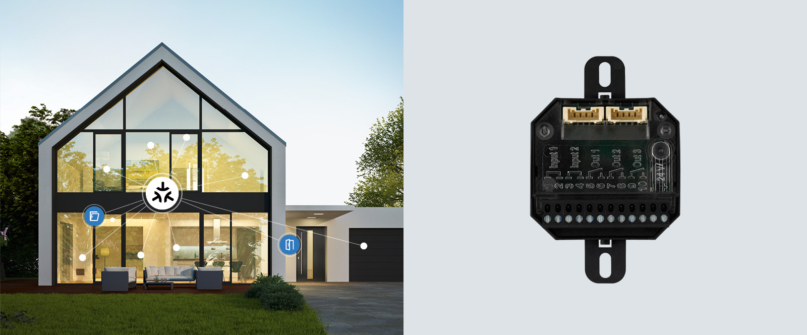Modernes Wohnhaus mit vernetzter Smart-Home-Steuerung und elektronischem Steuerungsmodul.