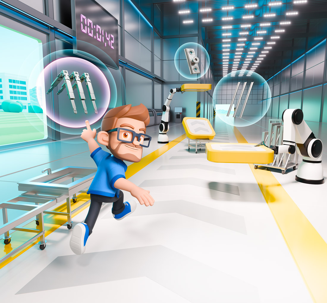 Produktionshalle mit Laufband und Robotern, links im Vordergrund Figur, die auf schwebende Icons zeigt 