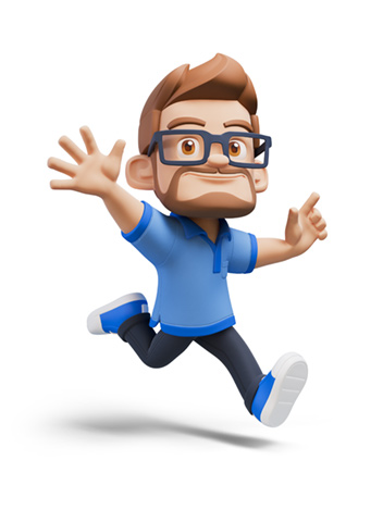 Figur in blauem Poloshirt und Turnschuhen, springend mit ausgestreckten Armen